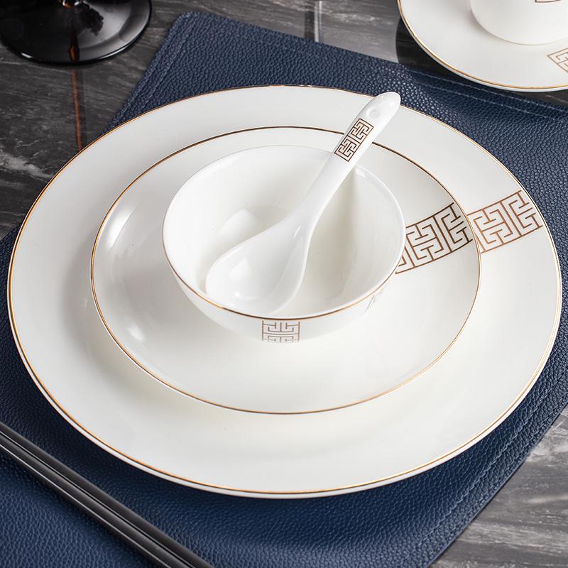 Luxury Wear-Resistant Gold Rim Bone China Dinnerware Set for Hotels and Restaurants - Includes Bowls, Plates, Spoons, Cups, and Chopsticks