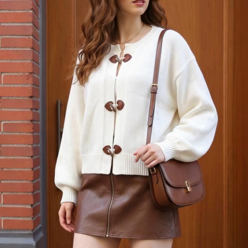 Vintage Horn Button Knit Cardigan Women Casual Winter Sweater