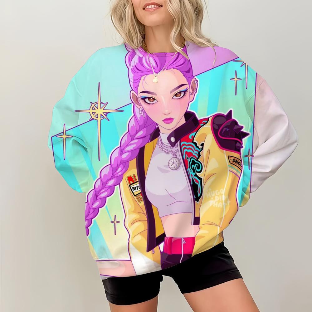 KPop Demon Hunters Print Pullover Sweatshirts Casual Long Sleeve Crew Neck Sweatshirts Fall Winter Women's Clothing