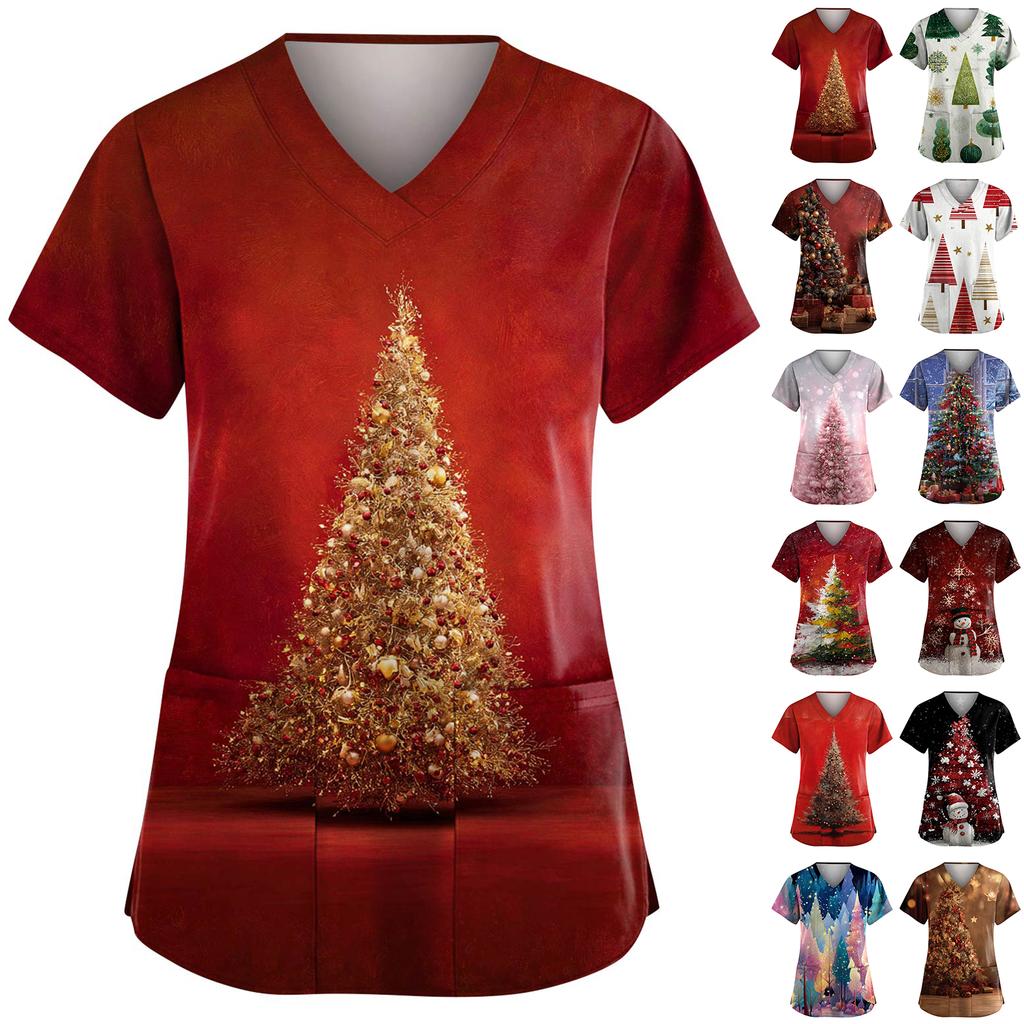 Women's Fashion V-Neck Short-Sleeved Workwear With Pockets Christmas Print Top Caregiver Uniform