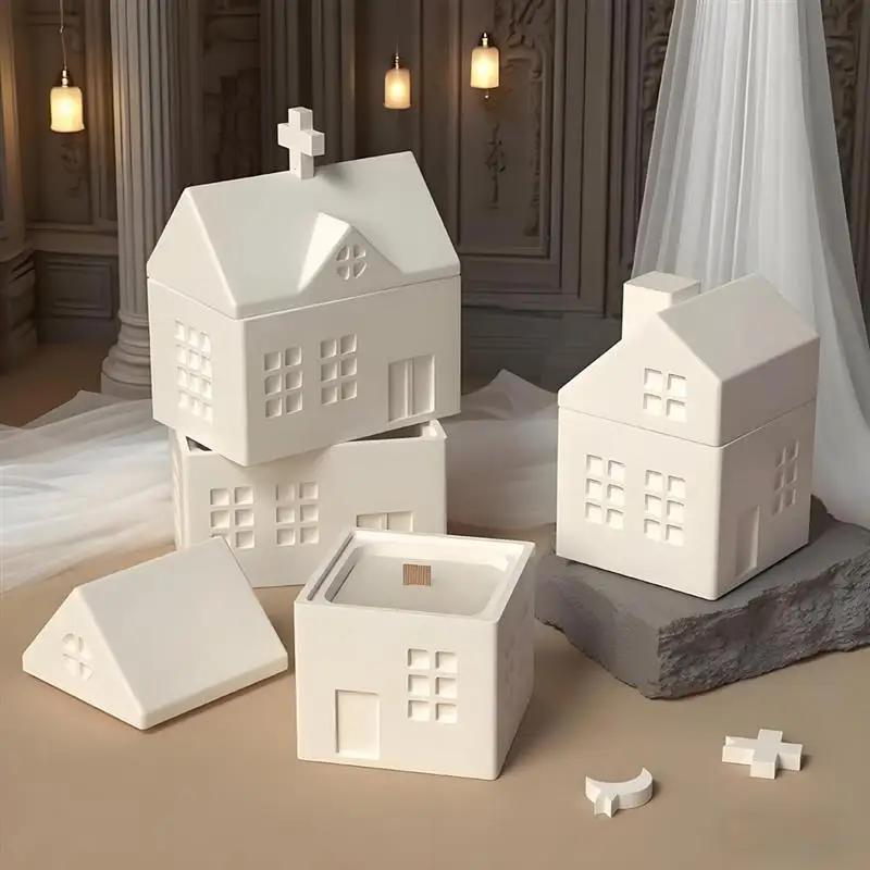 A Top Quality House Shape Candle Jar Silicone Mold DIY Handmade Houses Plaster Casting Molds Concrete Resin Craft Gift Making