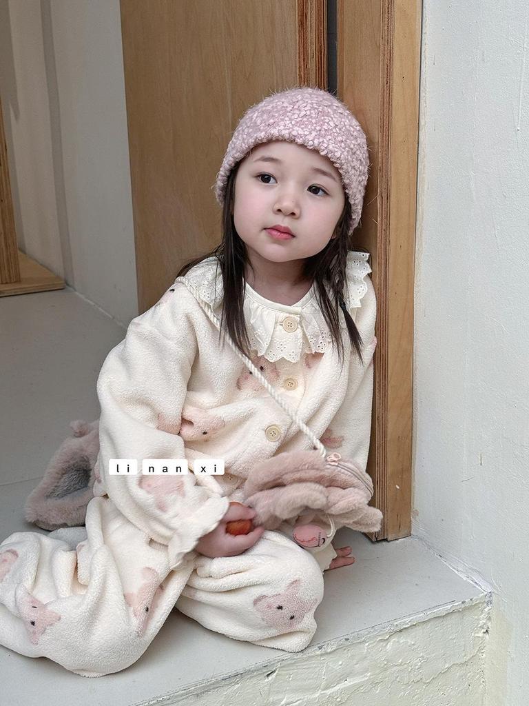 2025 New Children's Fleece-Lined Pajama Set: Girls' Lace Cardigan Homewear for Autumn and Winter