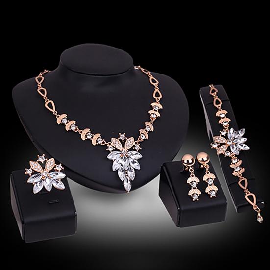 Women's Wedding Bracelet Necklace Jewelry Set Clear Crystal Statement Ring Earrings KTJ
