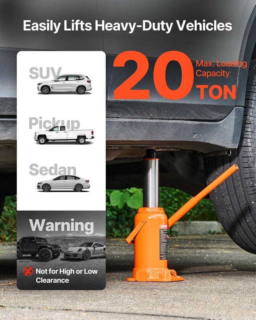 Hydraulic Bottle Jack, 20 Ton (44092 Lbs) Load Capacity, 225-435 Mm Lifting Range, Heavy Duty Welded Bottle Jack for Car, SUV, Pickup, Auto Repair,