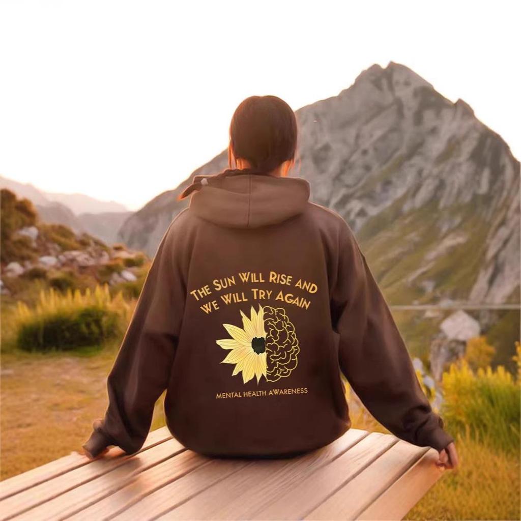 2025 Spring & Autumn Sunflower Printed Hoodie with Drop Shoulder Sleeves