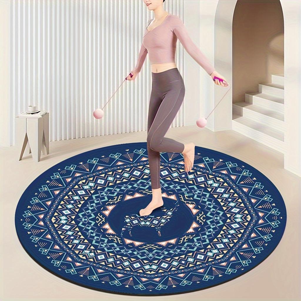 Crystal Velvet carpet[2D Flat, Not 3D]Comes with 2 Anti Slip matsLarge Round Area Mat with Intricate Blue Geometric Pattern