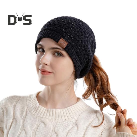 

Женская шапка, вязанная, плотная, с отверстием для хвоста, однотонная, сохраняющая тепло, эластичная, для защиты ушей, для кемпинга, путешествий, катания на коньках, головной убор чёрный