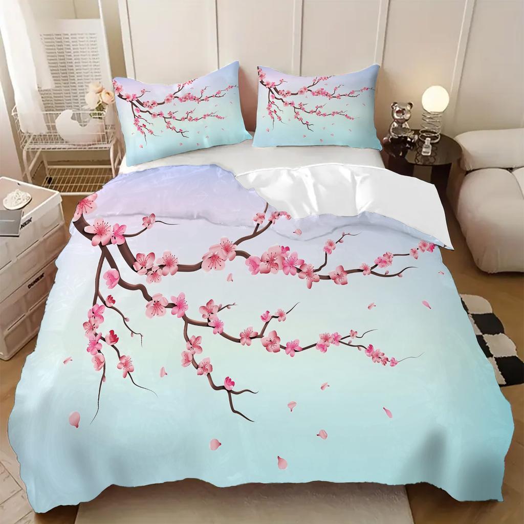Red Cherry Blossoms 3D Printed Quilt Cover Rustic Floral Style Polyester Duvet Cover Soft Comfortable Bedding Set Pillowcases
