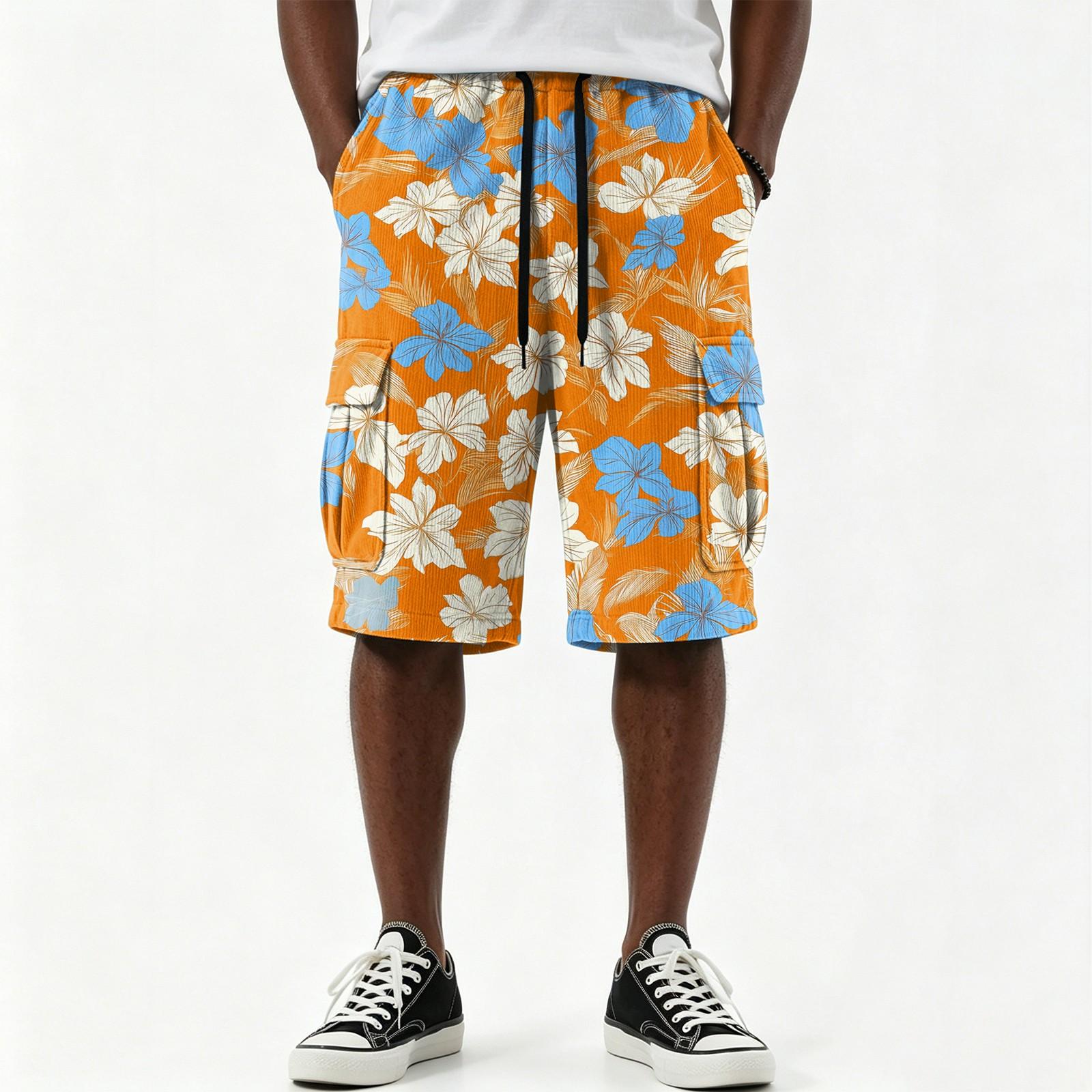 Men s Hawaiian Print Drawstring Knee Length Shorts with Multiple Pockets, Casual XXXXL оранжевый