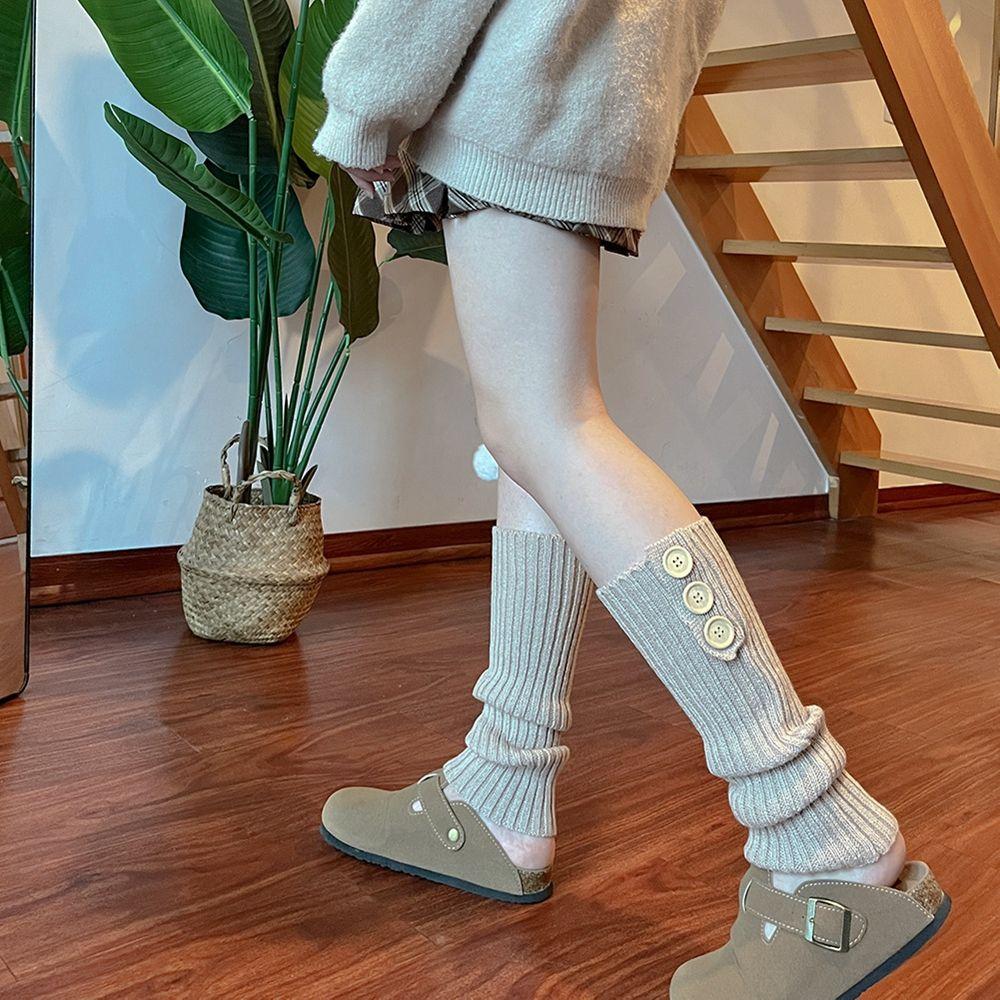 Style Buttons Stripe Lolita Wool Boots Women Leg Warmers Knitted Foot Cover Long Socks Cover