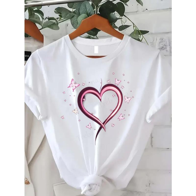 

Plus Size Women Oversized Full Heart Print Pink Tee Crew Neck Short Sleeve Casual Summer Beach Top S белый