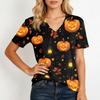 Women Casual Short Sleeve V Neck Pullover Top Halloween Pumpkin Print Lightweight Loose Fit Blouse for Everyday Wear