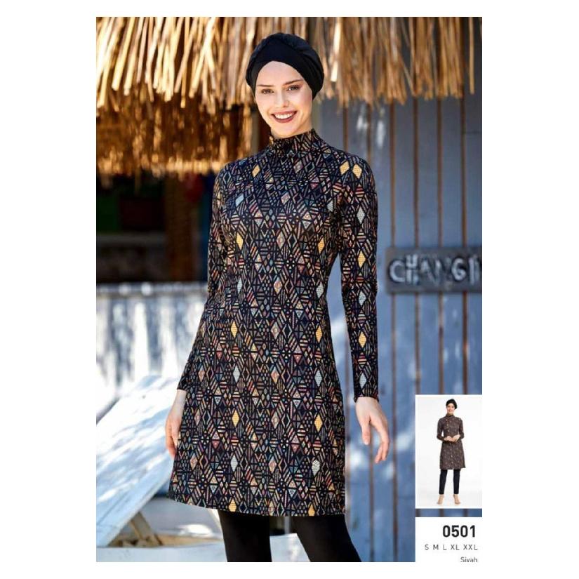 Todelt muslimsk dame beskjeden badedrakt med bladtrykk for sjøen, sett med badedrakt med full dekning, strandtøy, burkini badedraktsett, flerfarget valg (ikke hodeskjerf