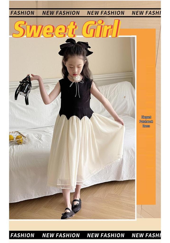 Girls' 2025 Summer Sleeveless Patchwork Mesh Princess Dress for Tweens