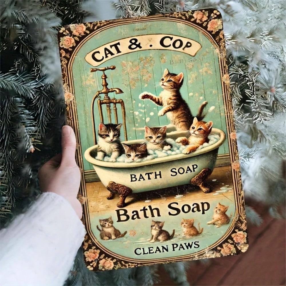 Vintage Metal Tin Sign Retro Kitchen Decor Cat Bath Wall Art Funny Kittens 20x30