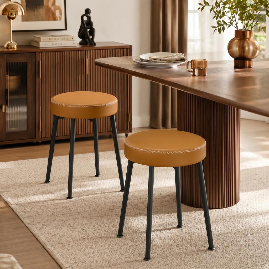 Round Dining Chairs, Set of 2, Stackable, PU Padded Seats, Brown and Black