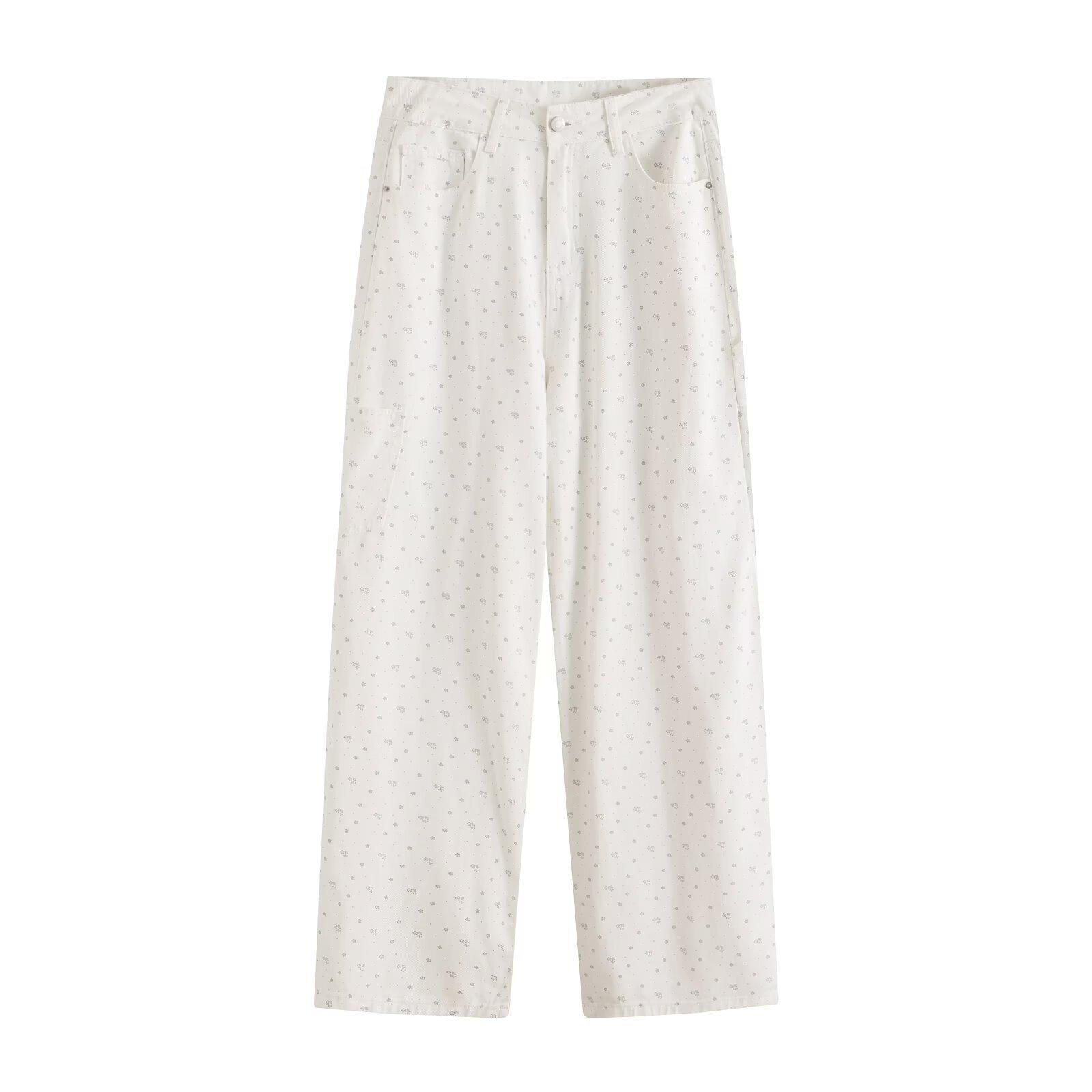 

Women s High Waist White Floral Denim Jeans - Casual Wide Leg Pants for Spring 2026 L квітковий/білий