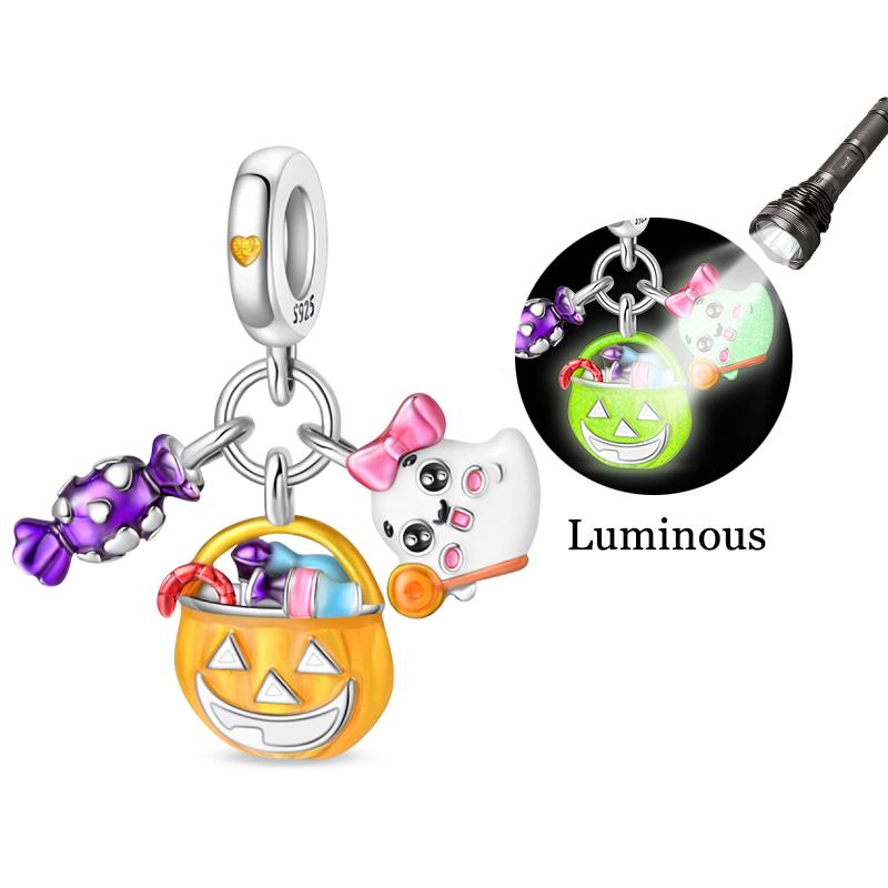 New Halloween Charms Beads 925 Silver Red Rose Black Butterfly Spider Luminous Skull Pendant For Bracelet DIY Jewelry Gifts