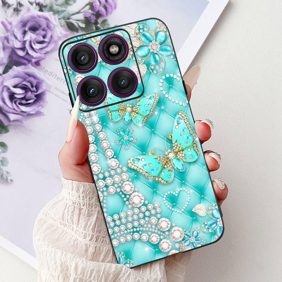 For Motorola Edge 60Pro XT2507-1 Back Cover For Motorola Edge 60 Pro Case Cute Cartoon Luxury Flower Painted Black Silicone 6.7"
