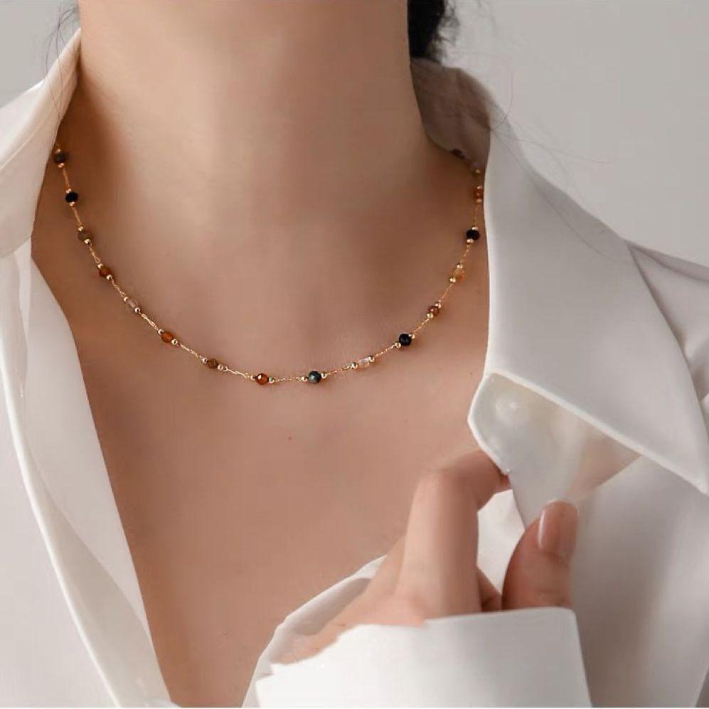 

Ожерелье из титановой стали с разноцветными бусинами - устойчивая к выцветанию цепочка на ключицу для женщин