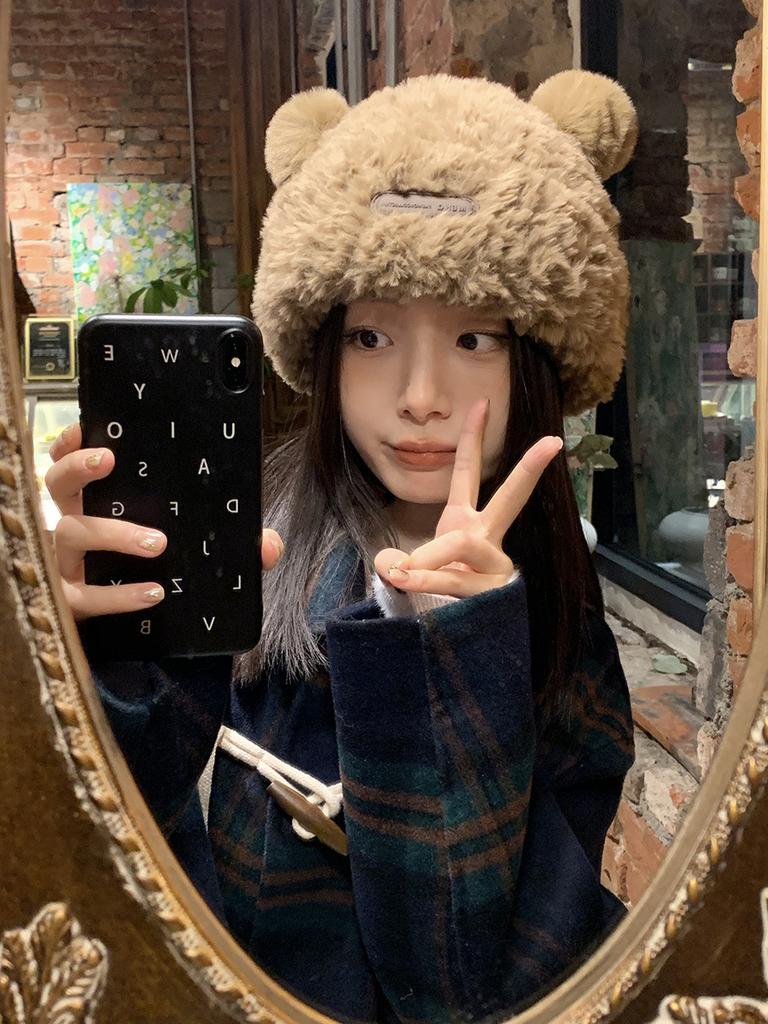 Elegant Bear Plush Knit Hat For Women Winter Warm Thick Fur Cap Beanie