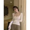 Sexy U-neck White T-shirt with Sexy Collarbone Exposed, Female Spring and Autumn Hot Girl Tight Inner Top with Long Sleeve Base Shirt