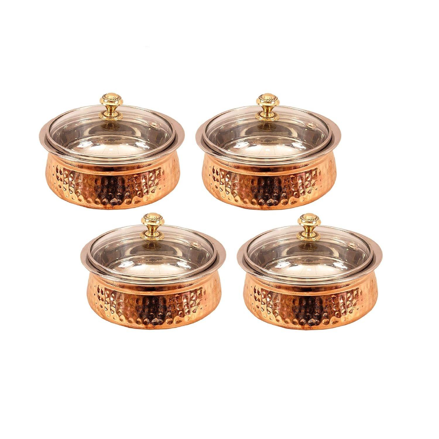 

Стальной Медный Сервировочный Ханди со Стеклянной Крышкой 500 мл-Сервировочные Блюда Курица Бирьяни Овощи Дом Отель Ресторан