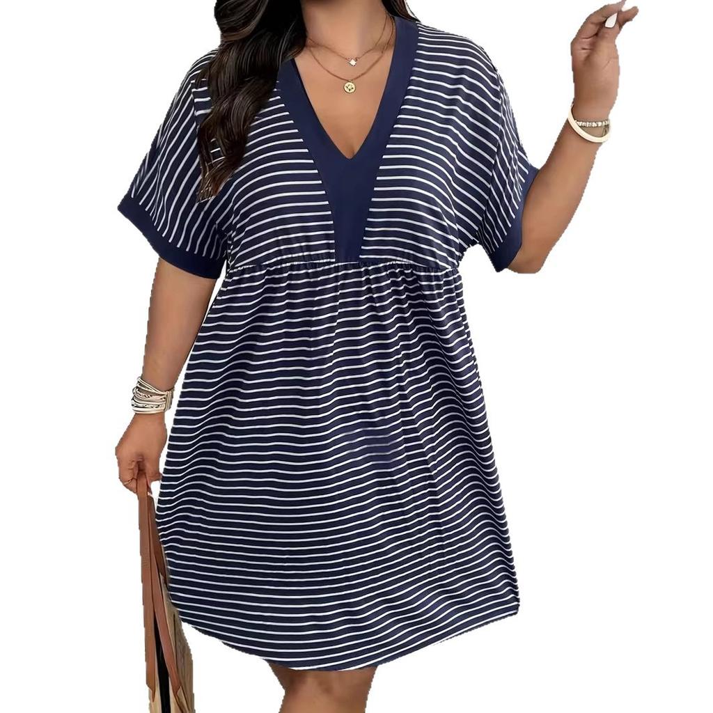 European and American style large size striped dress V-neck 'holiday style, seaside dress, women's clothing wholesale