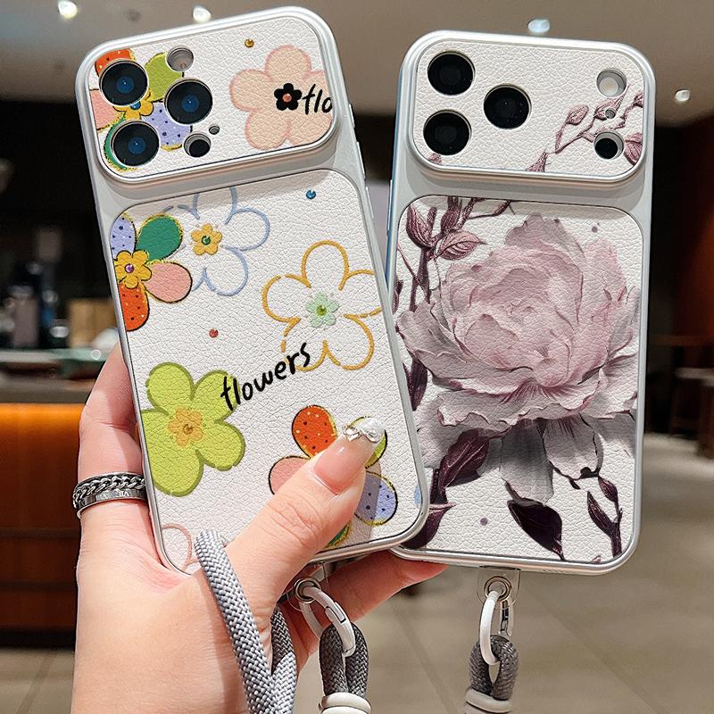 Colorful Flowers Pattern Leather Lanyard Case For iPhone 18 Pro Max 17 16 15 14 13 Pro Max Luxury Hybrid TPU+PU Anti-skid Soft Phone Cover