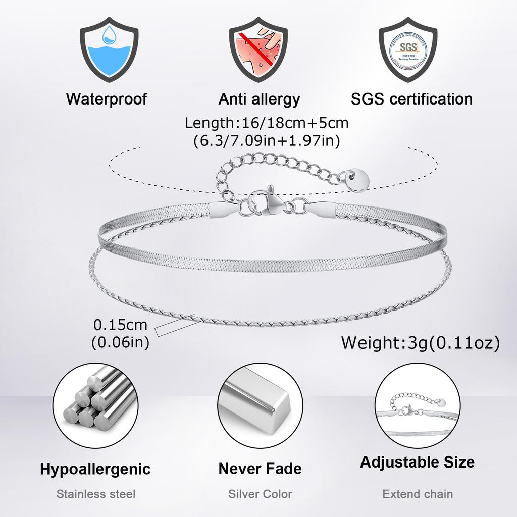 Hip Hop Double Layer Stainless Steel Bracelet, Silver Color Layered Snake Chain Bracelet for Men, Fashion Waterproof Jewelry