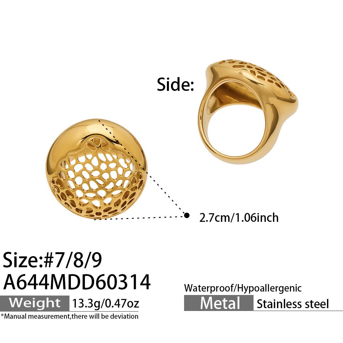 18K Gold Plated Stainless Steel Hollow Ring – Exaggerated Design, Fashionable, Versatile European & American Jewelry