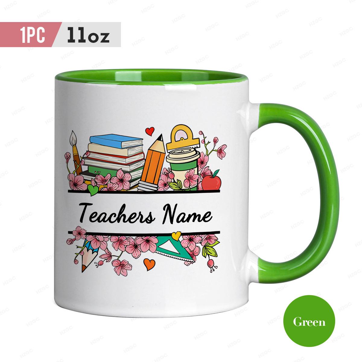 Custom 11oz Ceramic Coffee Mug with Name Personalized Teacher Themed Tea Cup Featuring Books Pencils and Floral Design 11oz