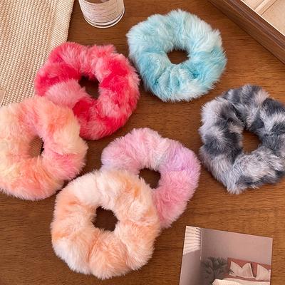 Autumn And Winter Colorful Imitation Rabbit Plush Large Intestine Hair Band Tie-Dye Hairy Colorful Ponytail Hair Rope Rubber Band Headgear Hair