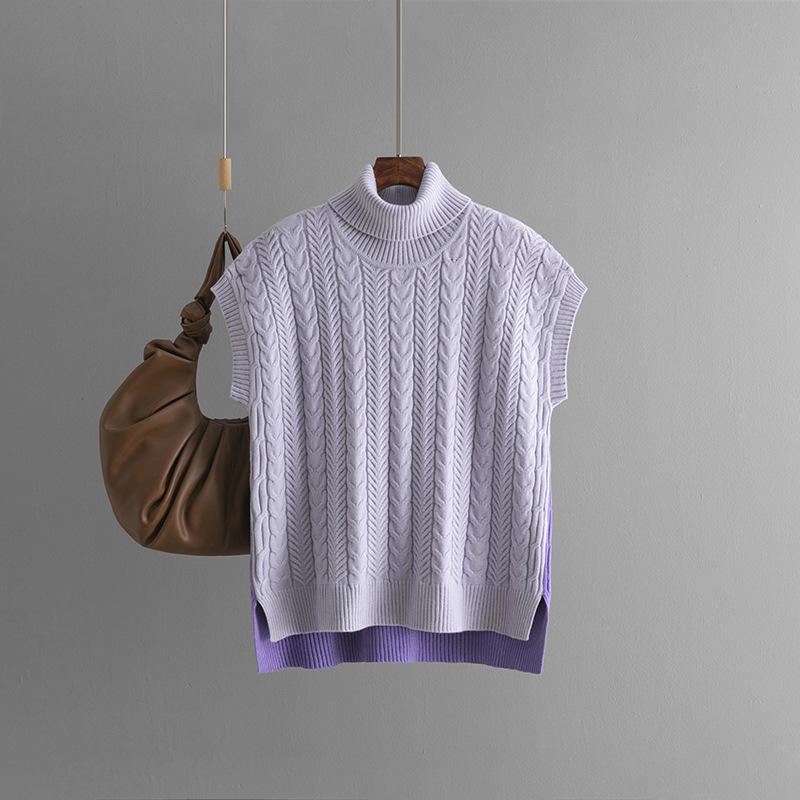 

Модная лоскутная трикотажная футболка для женщин с высоким воротом без рукавов, свободный дышащий трикотажный топ, повседневный мягкий удобный пуловер для осени и зимы one size зелёный