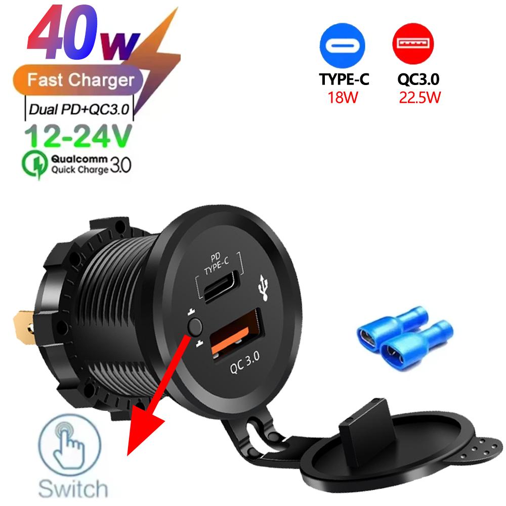 

USB Car Charger 12/24V Dual Socket PD3.0 & QC3.0 Car USB Port with LED Voltmeter And On/Off Switch Auto Vehicle Charging Station