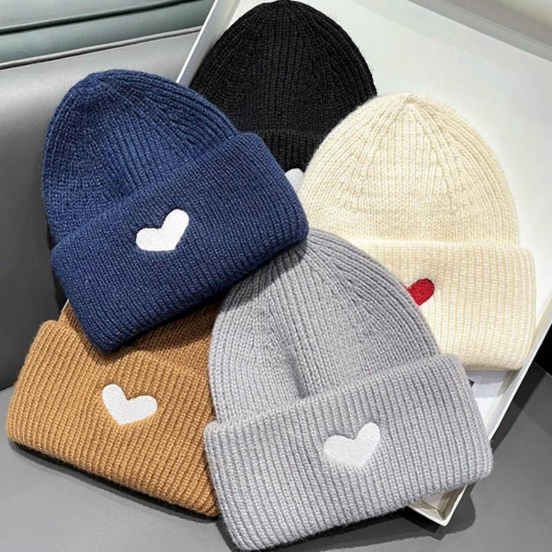 Sweet Heart Embroidery Knit Beanie Women Warm Winter Hat Adjustable Cute Student Cap