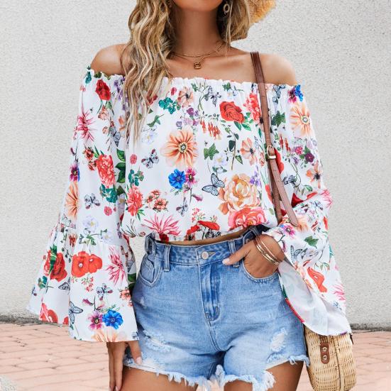 Buy Women Top Off Shoulder Pleated Flower Print Long Flared