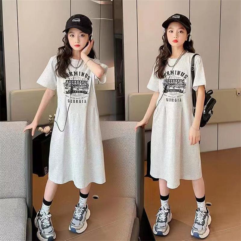 Summer Girls Dresses Kids Short Sleeve Sports Dress Children Clothing Vestido Baby Dresses for Girls Teen 120 серый
