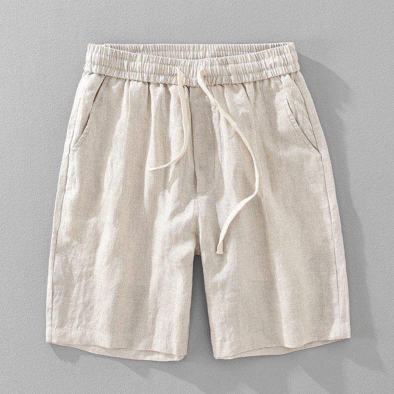 Men s Pure Linen Shorts, Versatile Solid Color Elastic Waist Drawstring Five-Point Pants, Cotton-Linen Fabric Pants Original Hemp Color(1362) XL