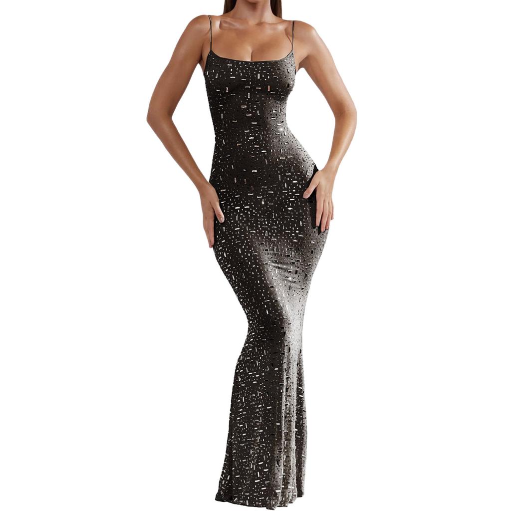 Spaghetti Strap Maxi Dress Bright Diamond Design Elegant Stylish Cocktail Party Long Dress for Club
