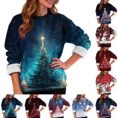 Damenmode Lässig Langarm Weihnachten Bedruckt Rundhals Plus Samt Verdicktes Sweatshirt