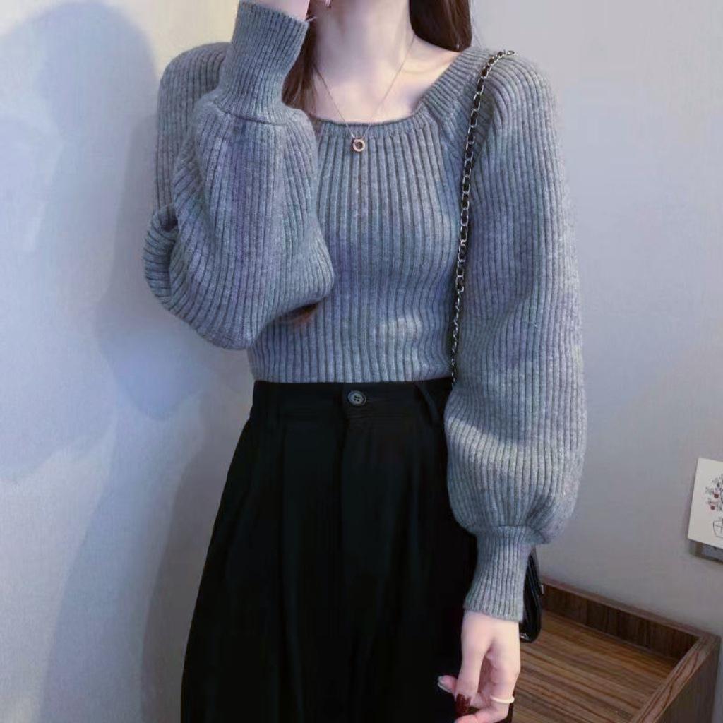 Herbst Winter Französischer Quadratischer Ausschnitt Puffärmel Design Nische Layer Wear Quadratischer Ausschnitt Strick Basic Layer Pullover Damen Top