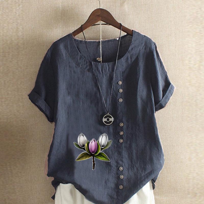 Women's Fashion Flowers Print Short Sleeve T-shirt Loose Cotton Shirt Casual Loose Summer Blouse Tops Plus Size
