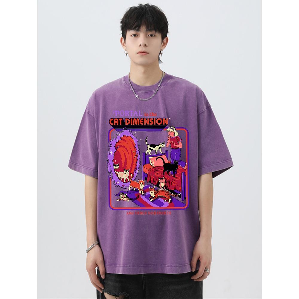 Portal To The Cat Dimension Print Washed Retro Men Tshirt Summer Loose Cotton T Shirt Breathable Clothes Oversize