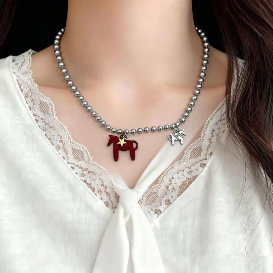 Coated Horse Pendant Necklace Bright Color Cute Horse Charm Necklace for Women Men Bead Chain Necklace