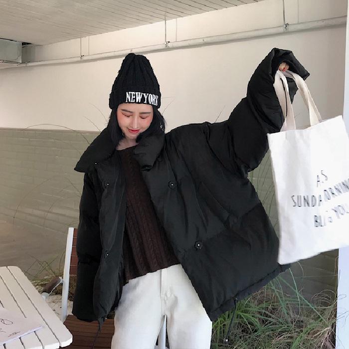 

Зимняя куртка для женщин с воротником-стойкой, однотонное черное и белое женское пуховое пальто свободного размера, женская короткая парка L чёрный