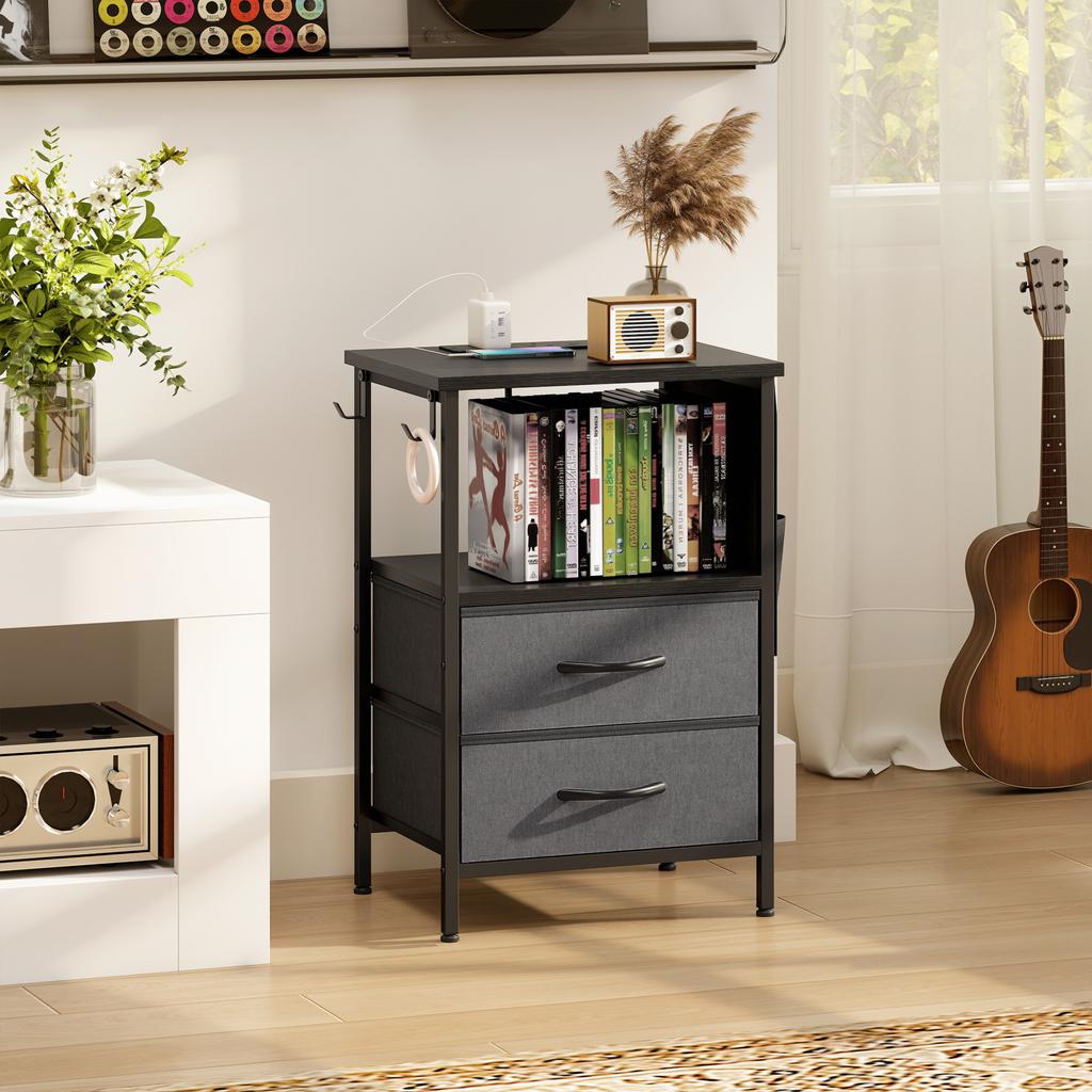 Bedside Table with Charging Station - Black
