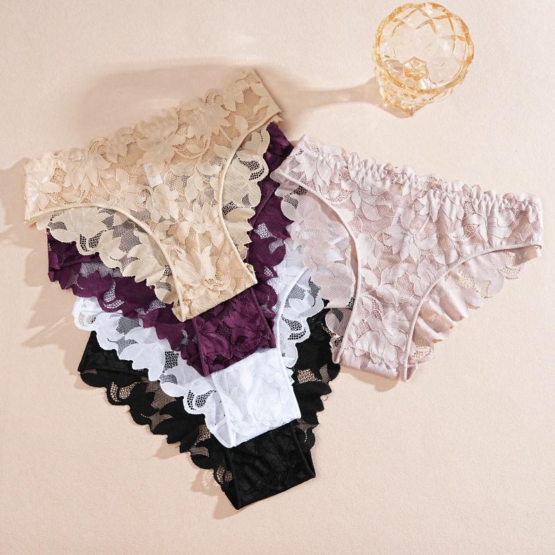 3 Piezas/Set Sexy Encaje Floral Conjuntos de Bragas Ropa Interior Hueco Transparente Romántica Lencería Ropa Interior Sexy Bragas para Mujer S-XL
