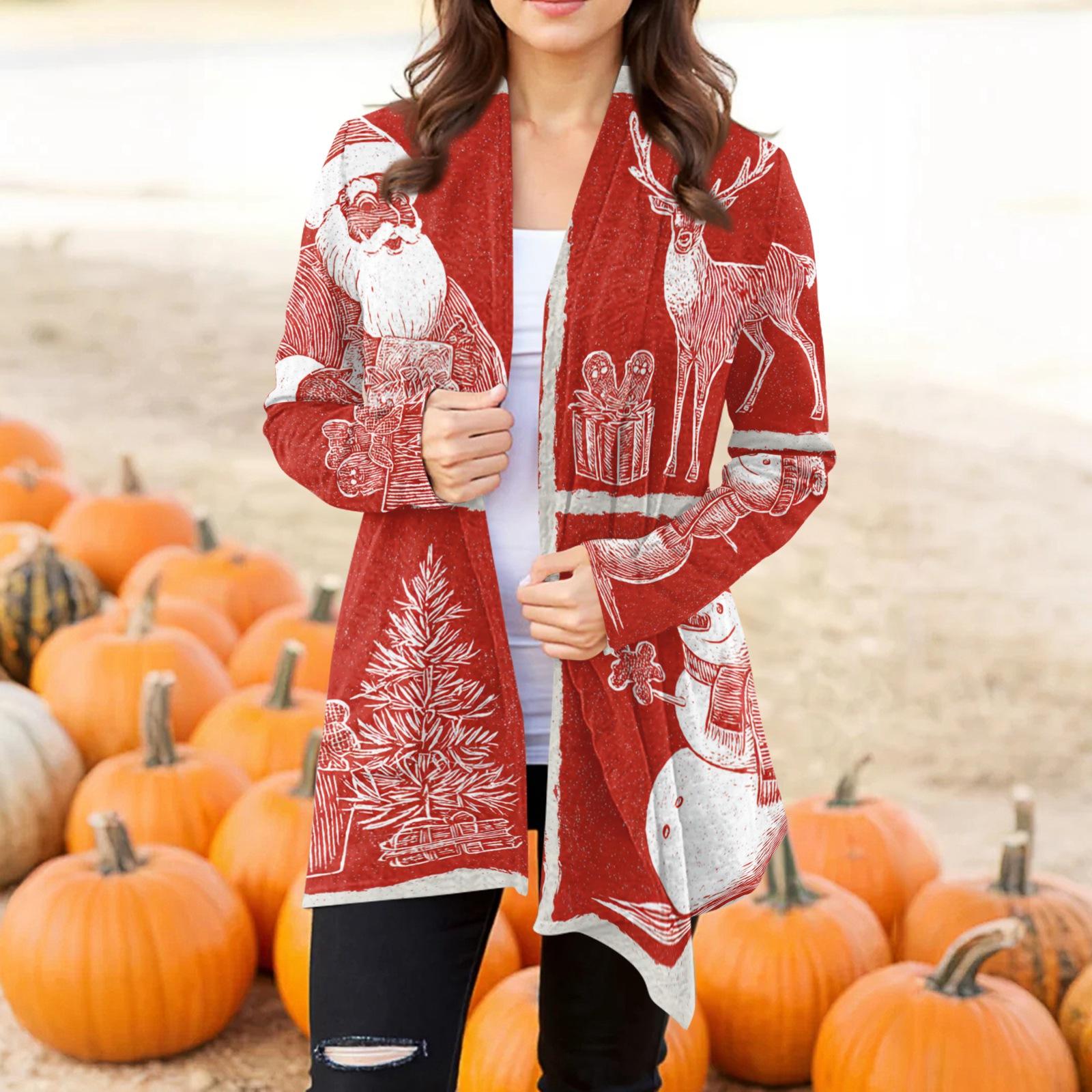 

Женский модный повседневный кардиган-жакет средней длины с неровным подолом и рождественским принтом XL красный