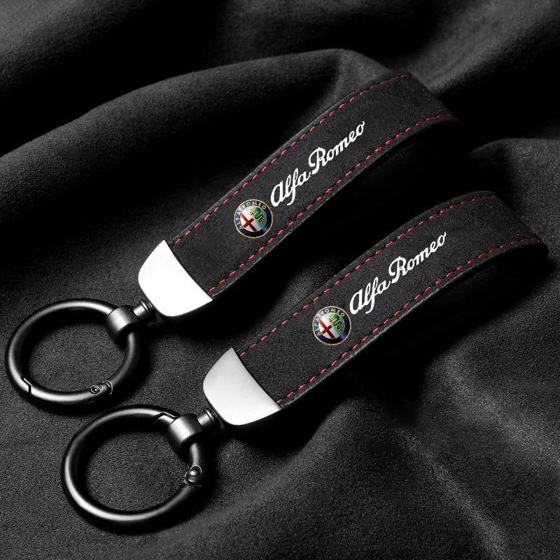Car Stickers For Alfa Romeo Suede Leather Car Logo Keychain Zinc Alloy Keyring For Alfa Romeo Giulietta 159 147 156 166 Mito Giu